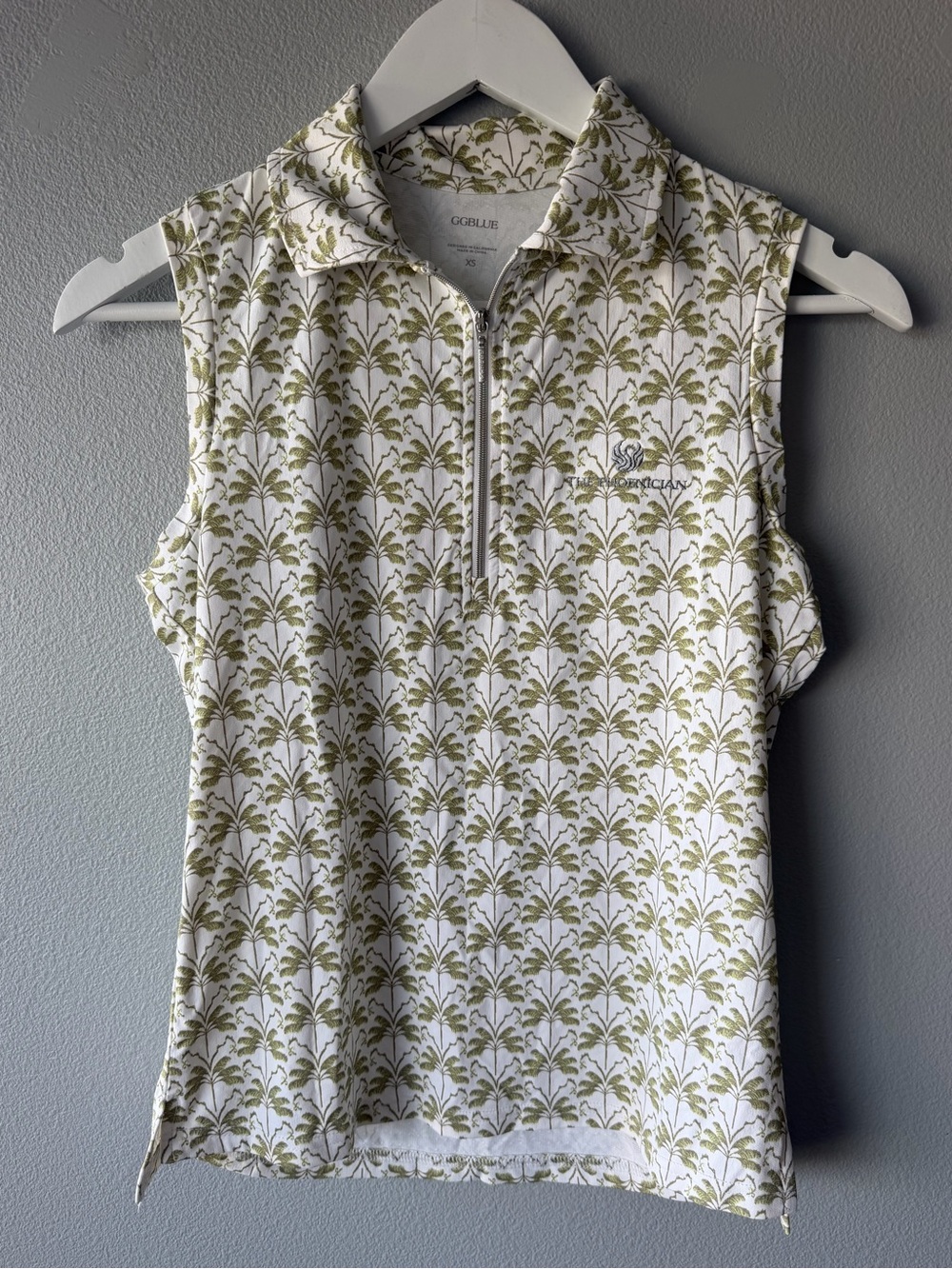 GG Blue white green palm tree The Phoenician golf polo tank Women’s sz XS